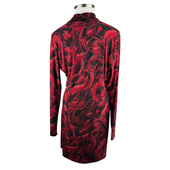 Norma Kamali Faux Wrap Dress Red & Black Feather Print Size XXL 2XL Office Chic - Picture 12 of 16